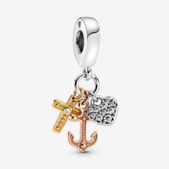 Pandora Triple-tone Cross, Heart, & Anchor Dangle Charm - Picture 1 of 4